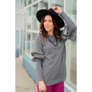 Long Sleeve Ruffle V Back Tee - Grey - Betsey's Boutique Shop