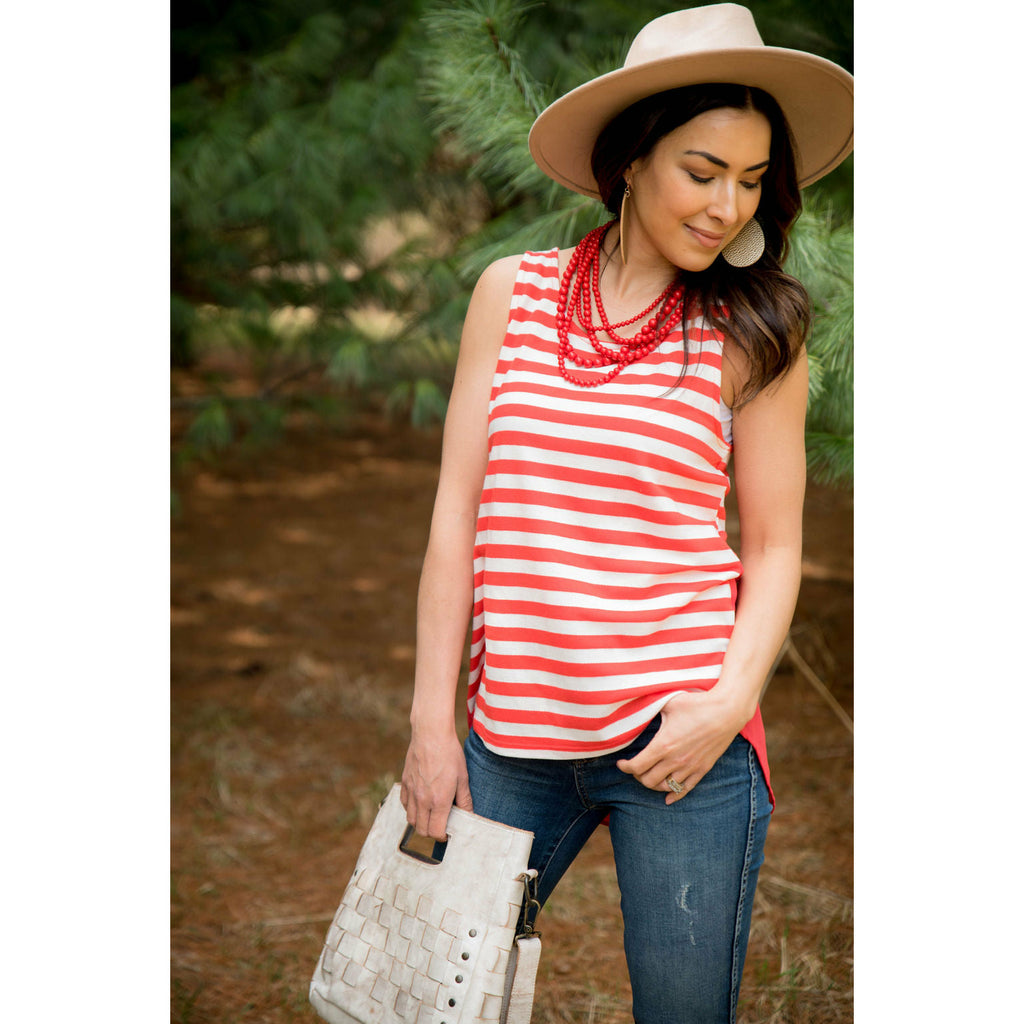 Coral Striped Chiffon Back Tank - Betsey's Boutique Shop