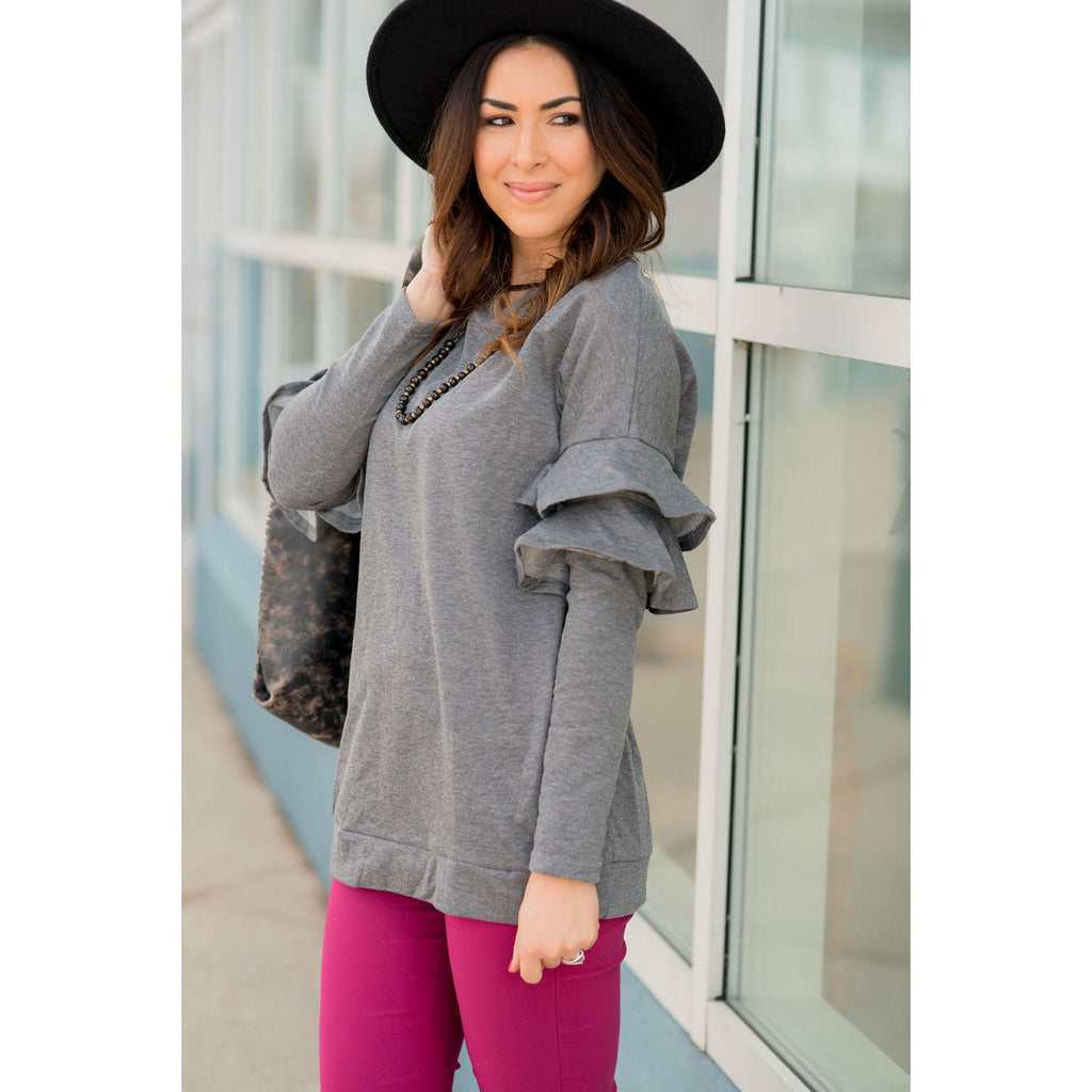 Long Sleeve Ruffle V Back Tee - Grey - Betsey's Boutique Shop