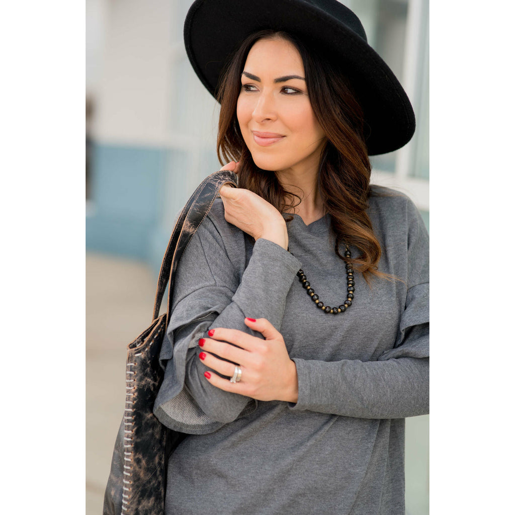 Long Sleeve Ruffle V Back Tee - Grey - Betsey's Boutique Shop