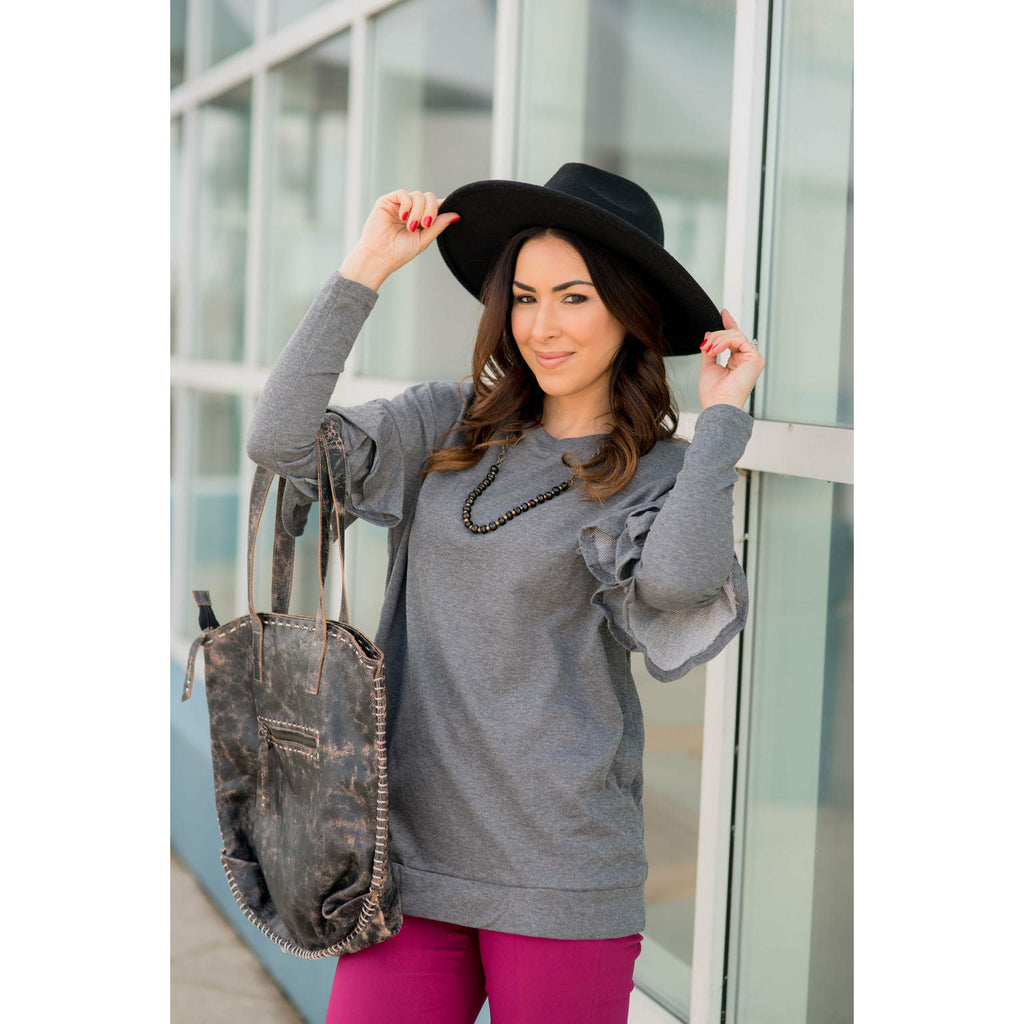 Long Sleeve Ruffle V Back Tee - Grey - Betsey's Boutique Shop