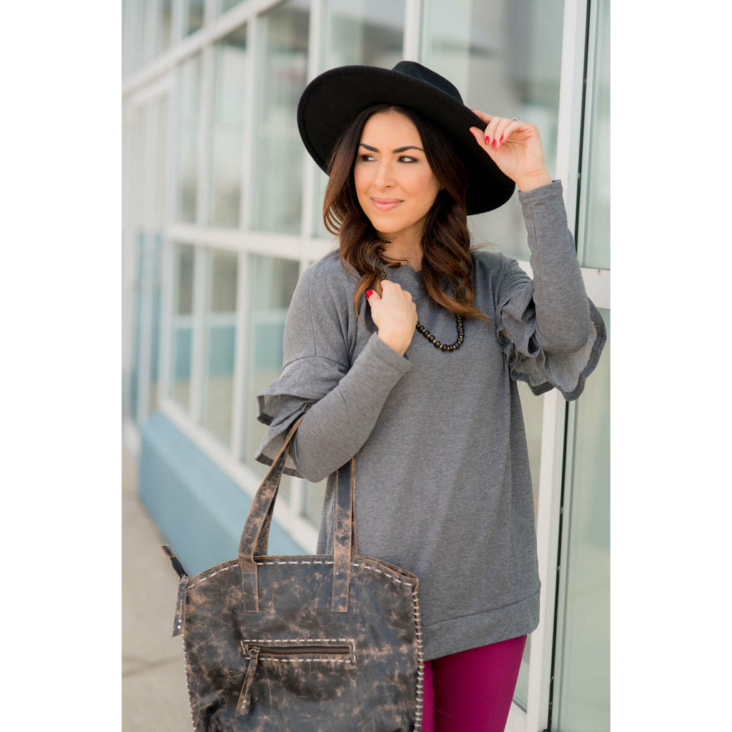 Long Sleeve Ruffle V Back Tee - Grey - Betsey's Boutique Shop