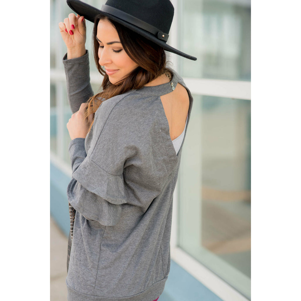 Long Sleeve Ruffle V Back Tee - Grey - Betsey's Boutique Shop