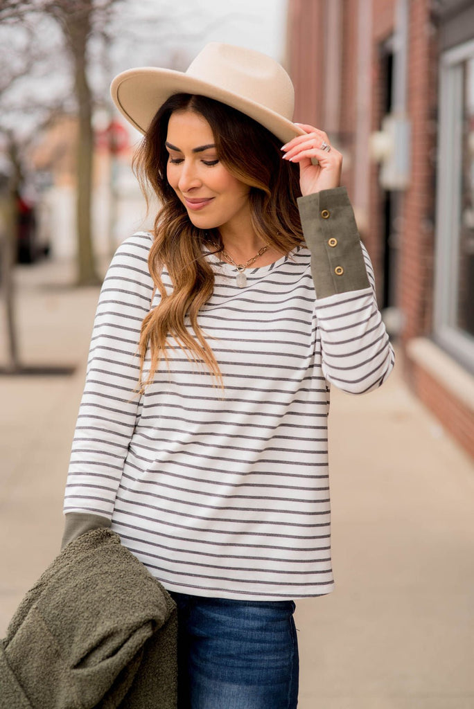 Striped Button Accent Long Sleeve - Betsey's Boutique Shop - Shirts & Tops