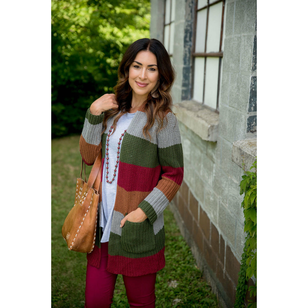 Olive/Burgundy/Camel Color Blocked Knit Cardigan - Betsey's Boutique Shop