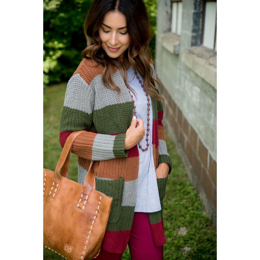 Olive/Burgundy/Camel Color Blocked Knit Cardigan - Betsey's Boutique Shop