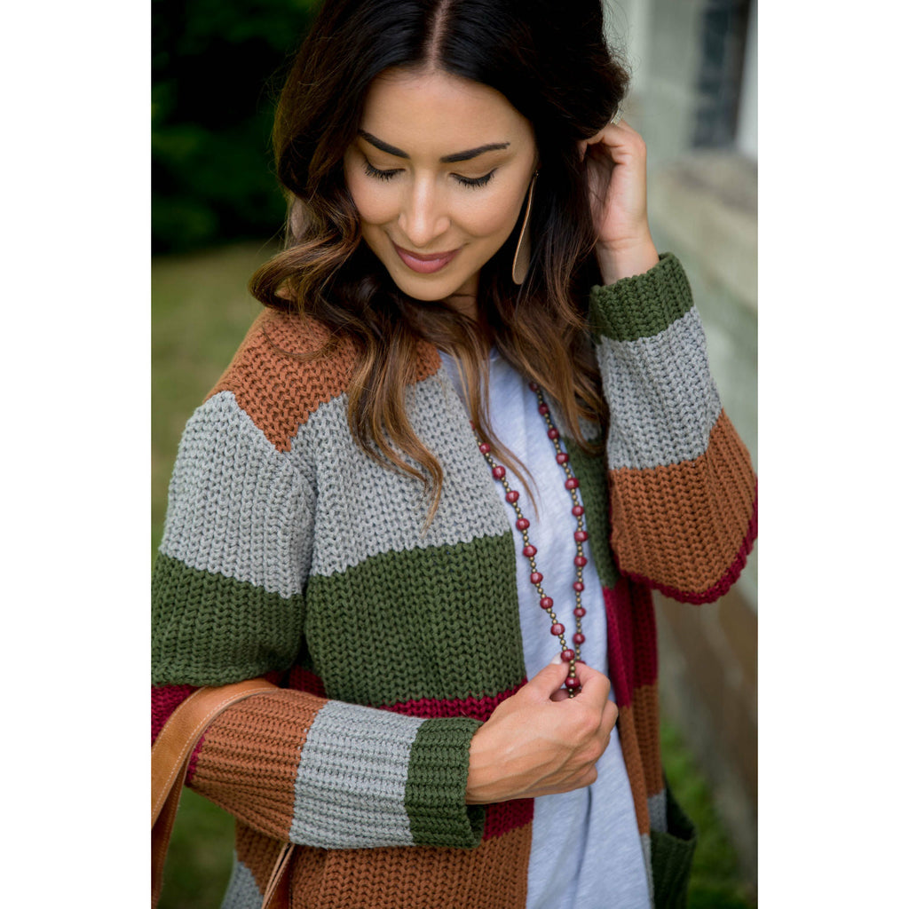 Olive/Burgundy/Camel Color Blocked Knit Cardigan - Betsey's Boutique Shop