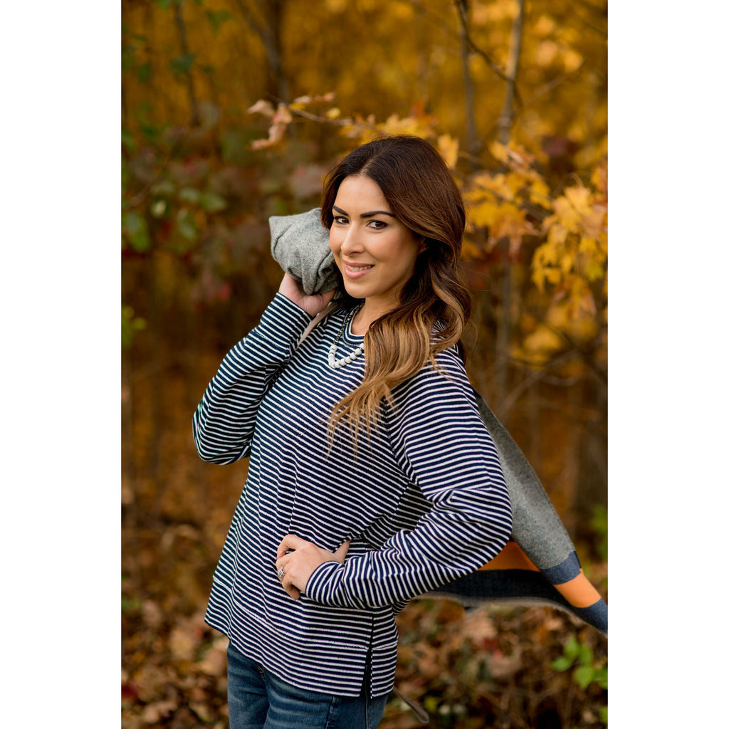 Sassy Side Split Striped Sweatshirt - Betsey's Boutique Shop - Shirts & Tops