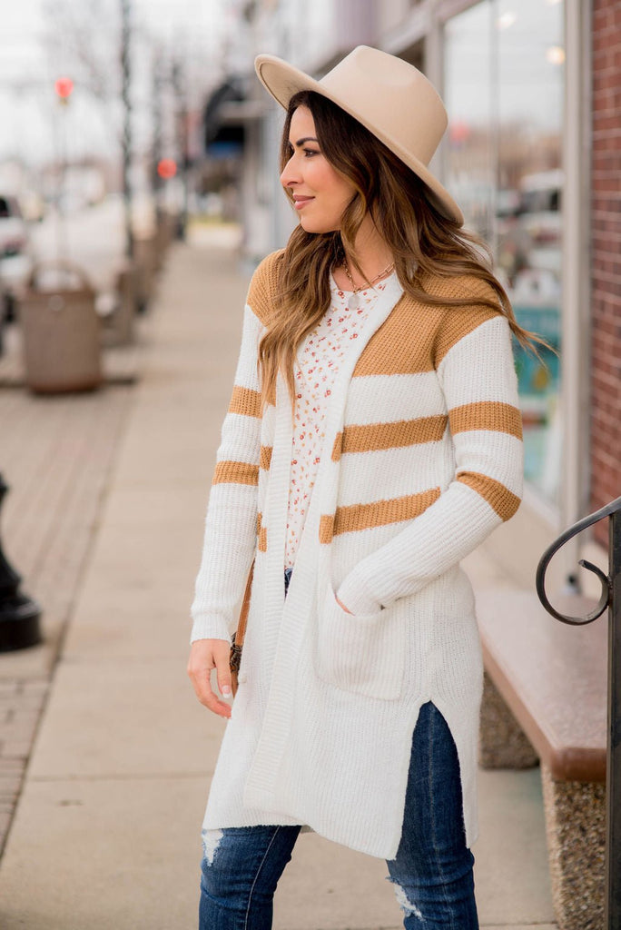 Striped Accent Knit Tunic Cardigan - Betsey's Boutique Shop