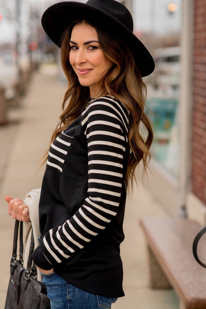 Striped Sleeve Pocket Sweatshirt - Betsey's Boutique Shop - Shirts & Tops