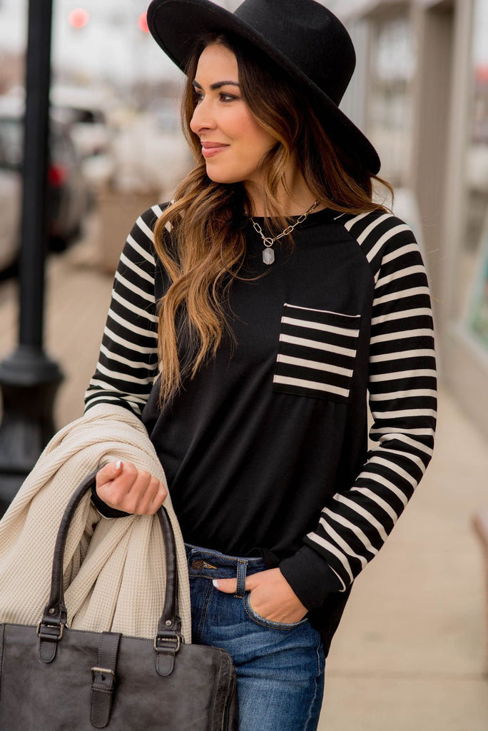 Striped Sleeve Pocket Sweatshirt - Betsey's Boutique Shop - Shirts & Tops