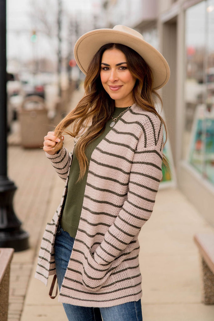 Thin Olive Striped Knit Tunic Cardigan - Betsey's Boutique Shop