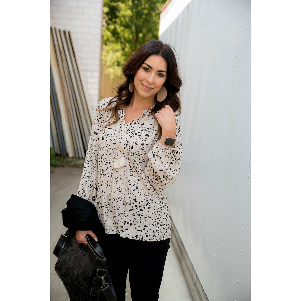 Spotted Tie V-Neck Blouse - Betsey's Boutique Shop