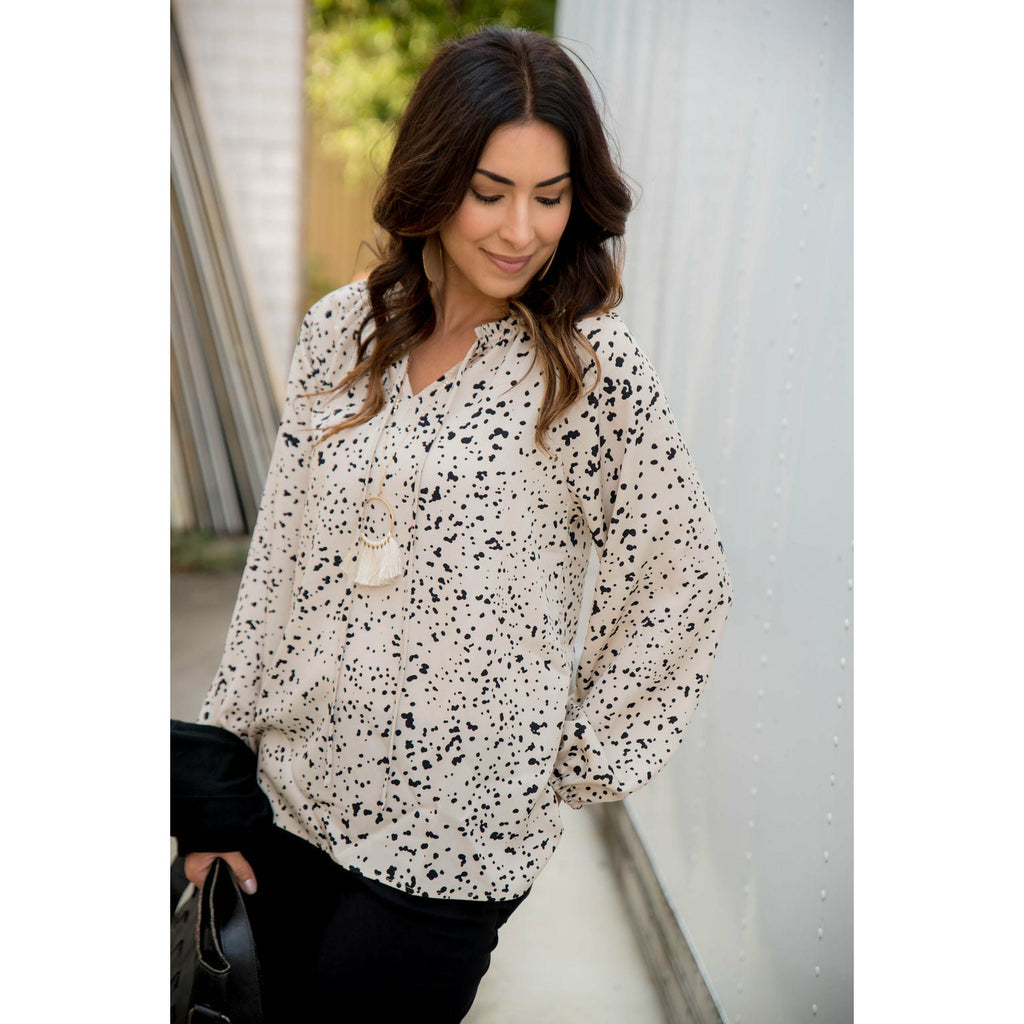 Spotted Tie V-Neck Blouse - Betsey's Boutique Shop