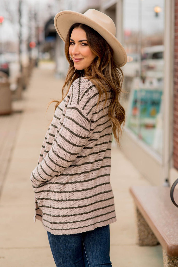 Thin Olive Striped Knit Tunic Cardigan - Betsey's Boutique Shop