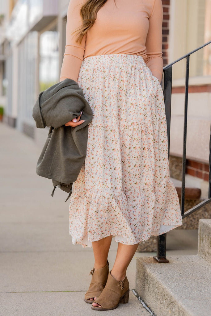 Feminine Floral Tiered Midi Skirt - Betsey's Boutique Shop -