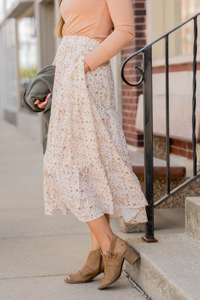 Feminine Floral Tiered Midi Skirt - Betsey's Boutique Shop -