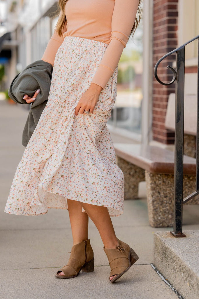 Feminine Floral Tiered Midi Skirt - Betsey's Boutique Shop -