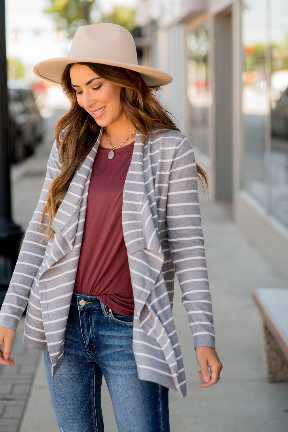 Basic Striped Waterfall Cardigan - Betsey's Boutique Shop 