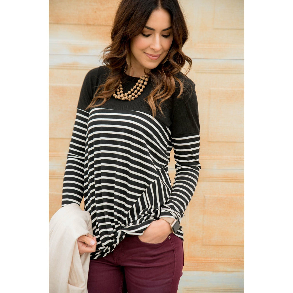 Striped Thermal Top Side Knot Tee - Betsey's Boutique Shop - Shirts & Tops