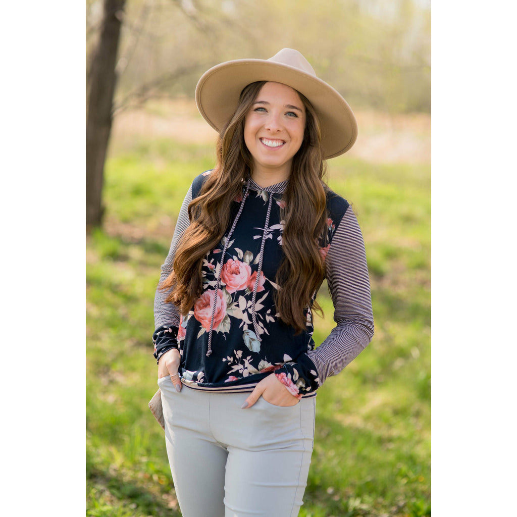 Striped Sleeve Floral Hoodie - Betsey's Boutique Shop