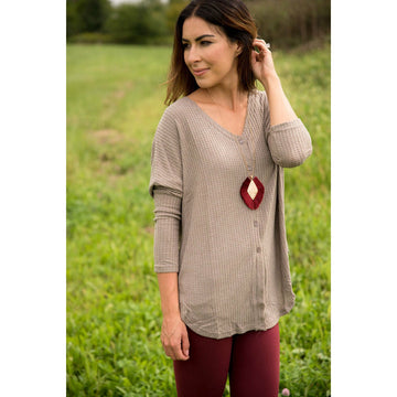 Mocha Thermal Button Tee - Betsey's Boutique Shop