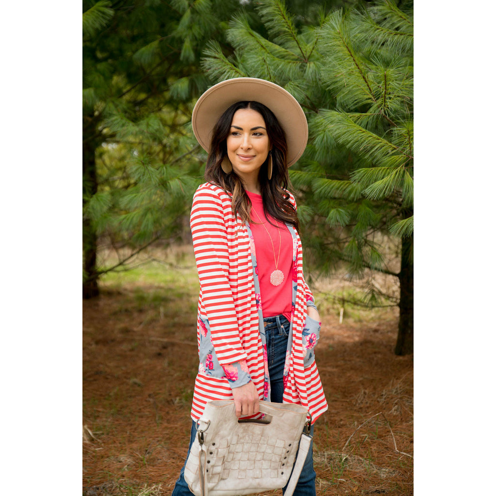 Red Striped Floral Cardigan - Betsey's Boutique Shop