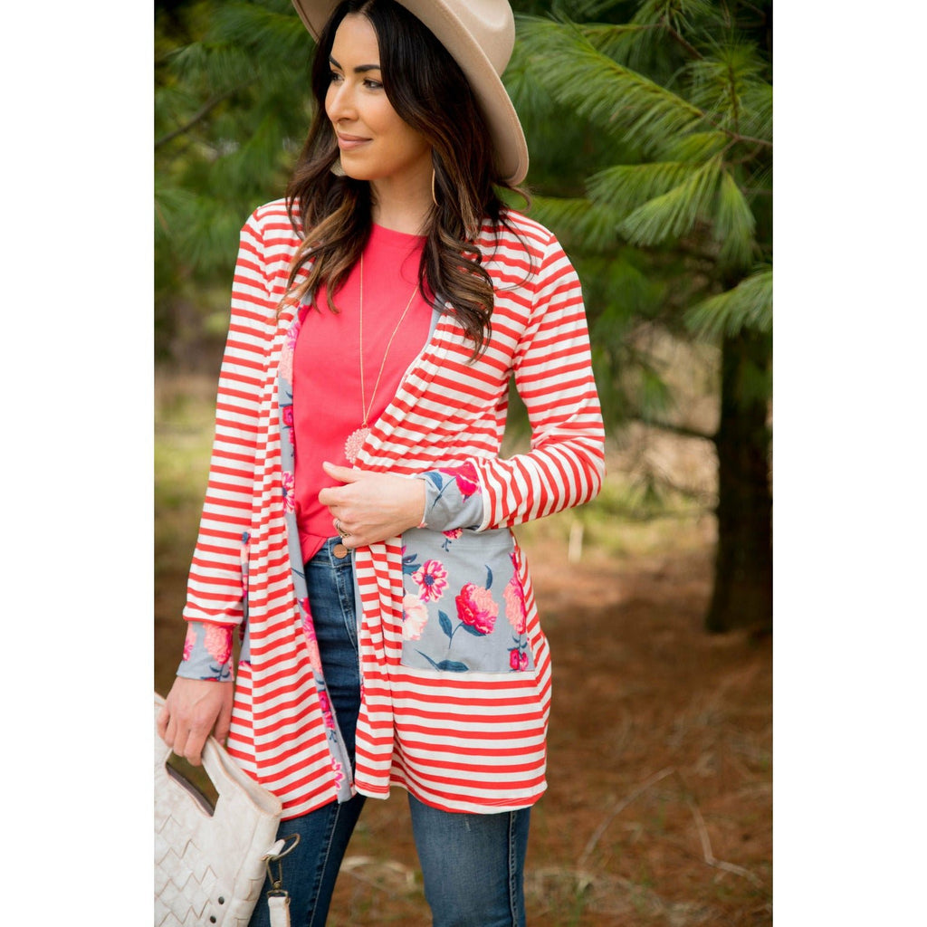 Red Striped Floral Cardigan - Betsey's Boutique Shop