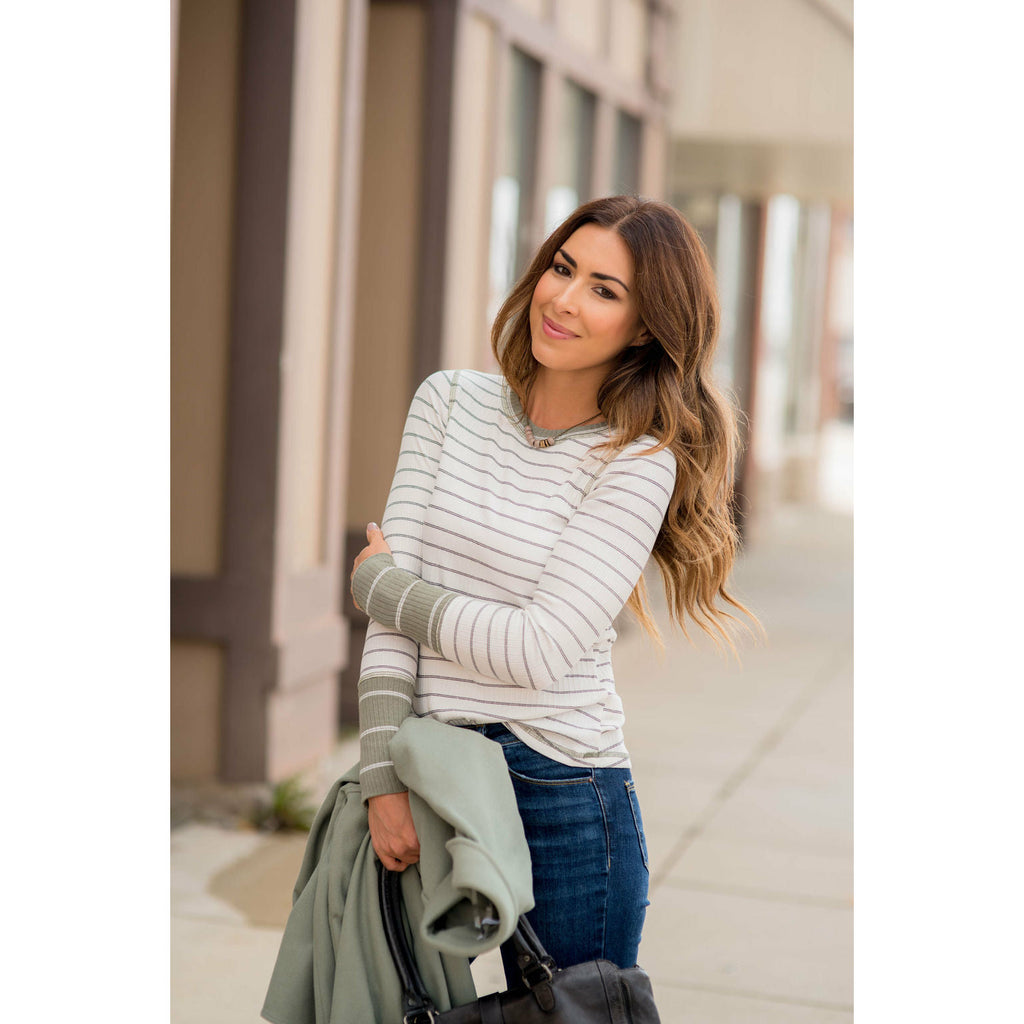 Stylish Striped Thermal Cuffed Tee - Betsey's Boutique Shop