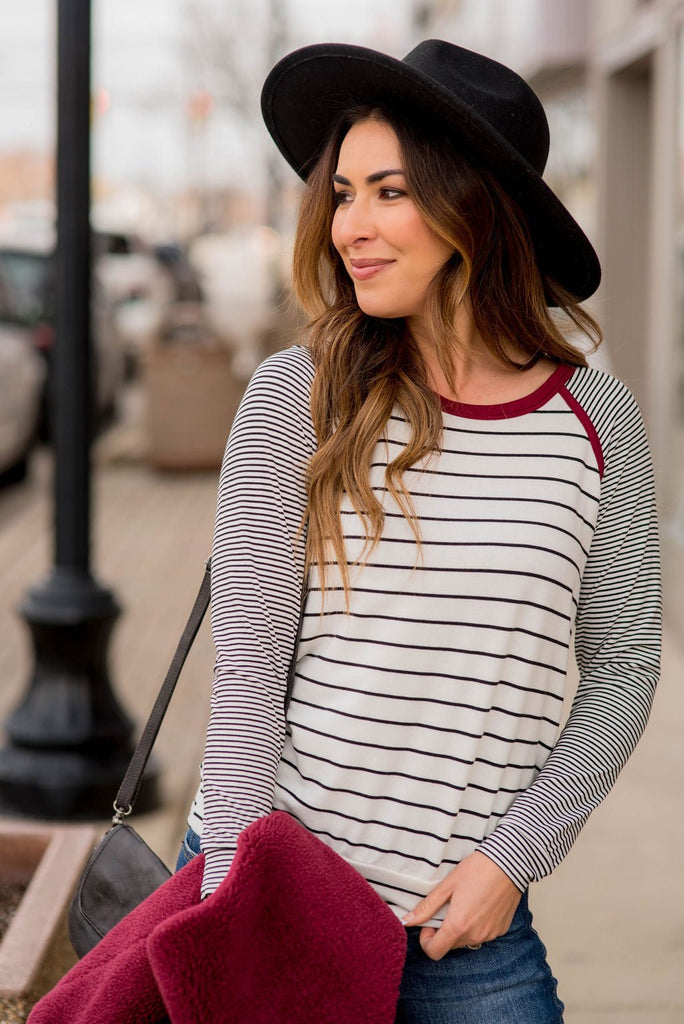 Multi Striped Solid Neck Long Sleeve Tee - Betsey's Boutique Shop