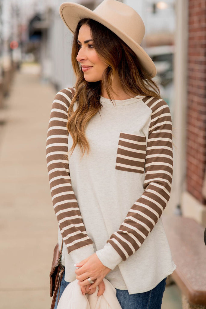 Striped Sleeve Pocket Sweatshirt - Betsey's Boutique Shop - Shirts & Tops