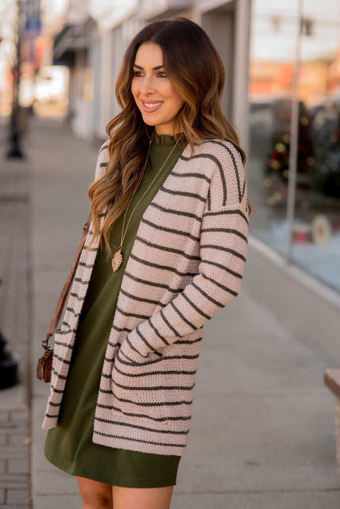 Thin Olive Striped Knit Tunic Cardigan - Betsey's Boutique Shop