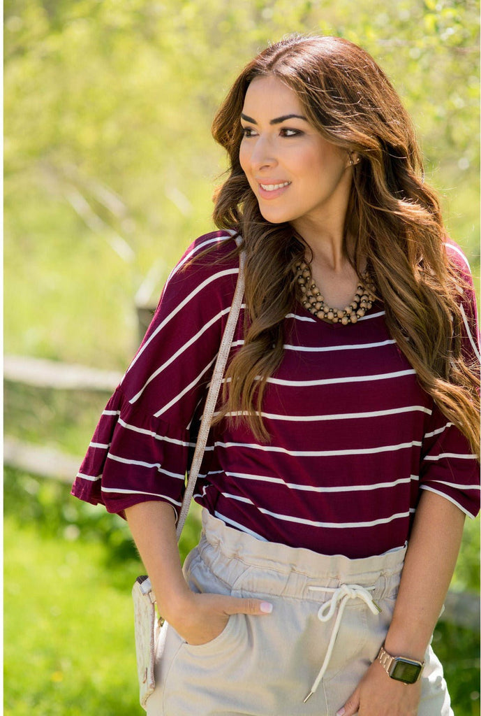 3/4 Bell Sleeve Striped Tee - Betsey's Boutique Shop