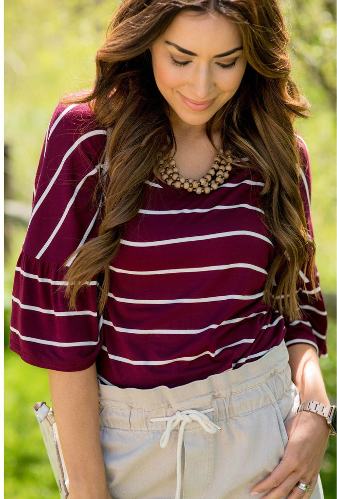 3/4 Bell Sleeve Striped Tee - Betsey's Boutique Shop