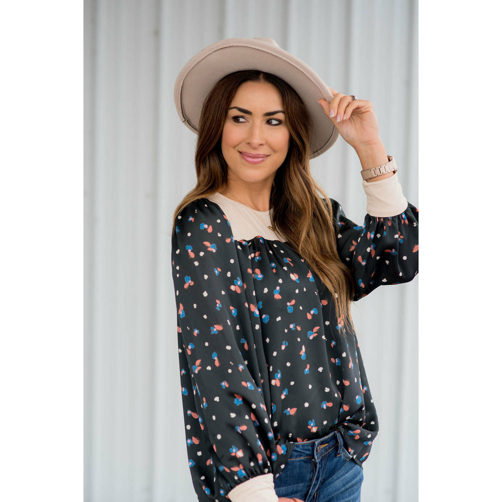 Solid Trim Patterned Blouse - Betsey's Boutique Shop - Shirts & Tops