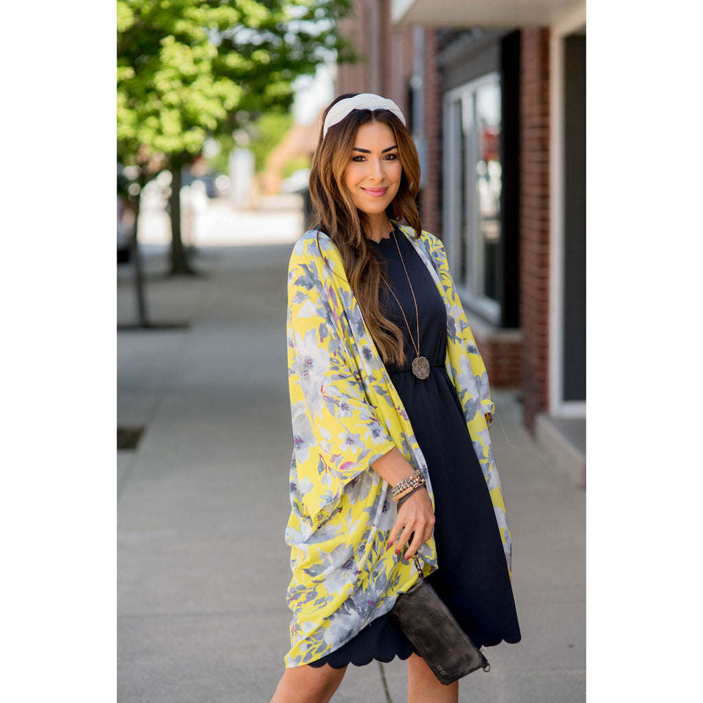 Yellow Gray Floral Kimono - Betsey's Boutique Shop