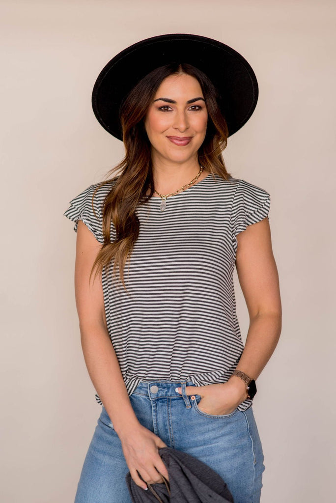 Striped Double Flutter Sleeve Tee - Betsey's Boutique Shop -