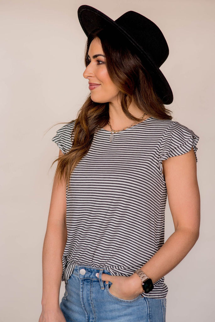 Striped Double Flutter Sleeve Tee - Betsey's Boutique Shop -