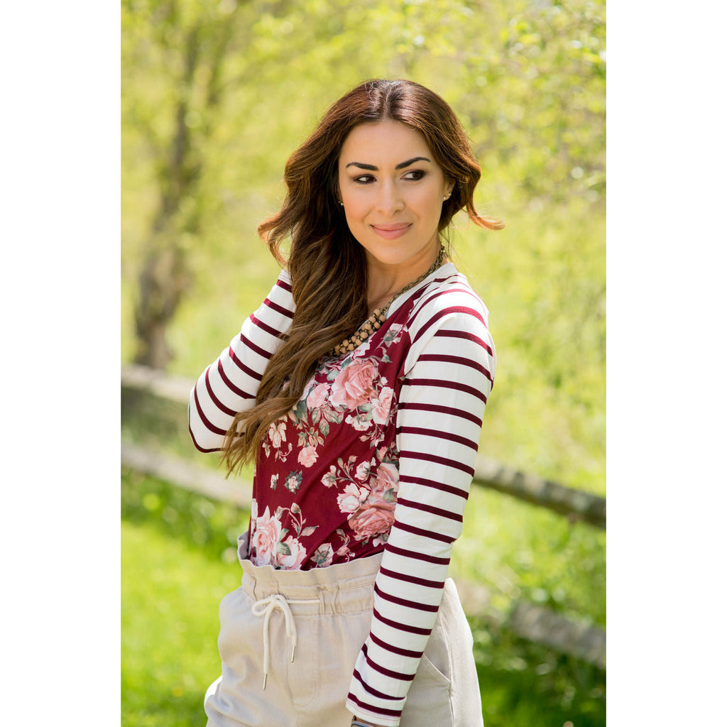 Burgundy Striped Sleeve Baseball Tee - Betsey's Boutique Shop