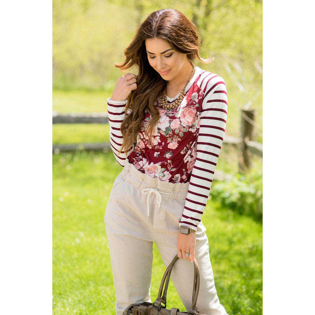 Burgundy Striped Sleeve Baseball Tee - Betsey's Boutique Shop