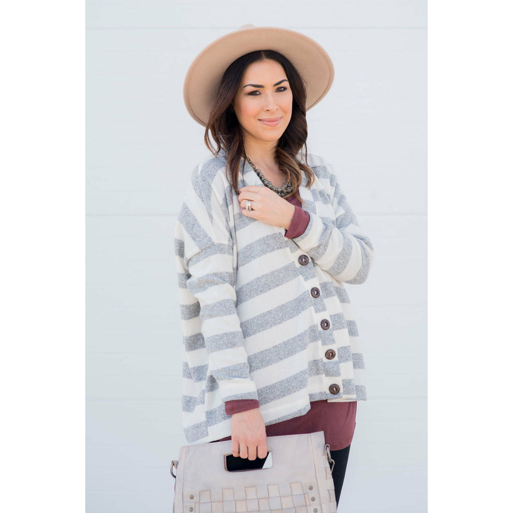 Heathered Striped Button Cardigan - Betsey's Boutique Shop