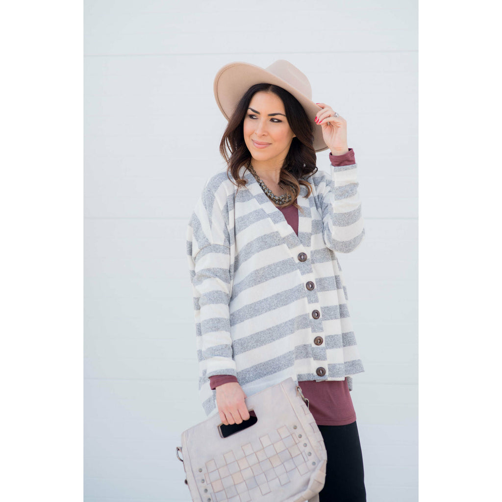 Heathered Striped Button Cardigan - Betsey's Boutique Shop