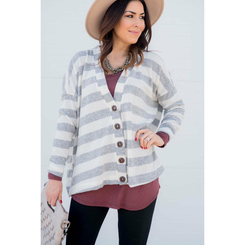 Heathered Striped Button Cardigan - Betsey's Boutique Shop