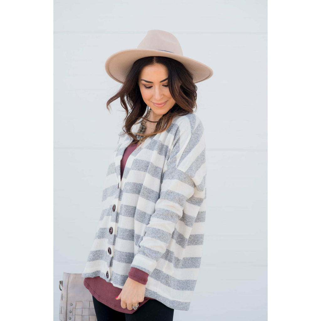 Heathered Striped Button Cardigan - Betsey's Boutique Shop