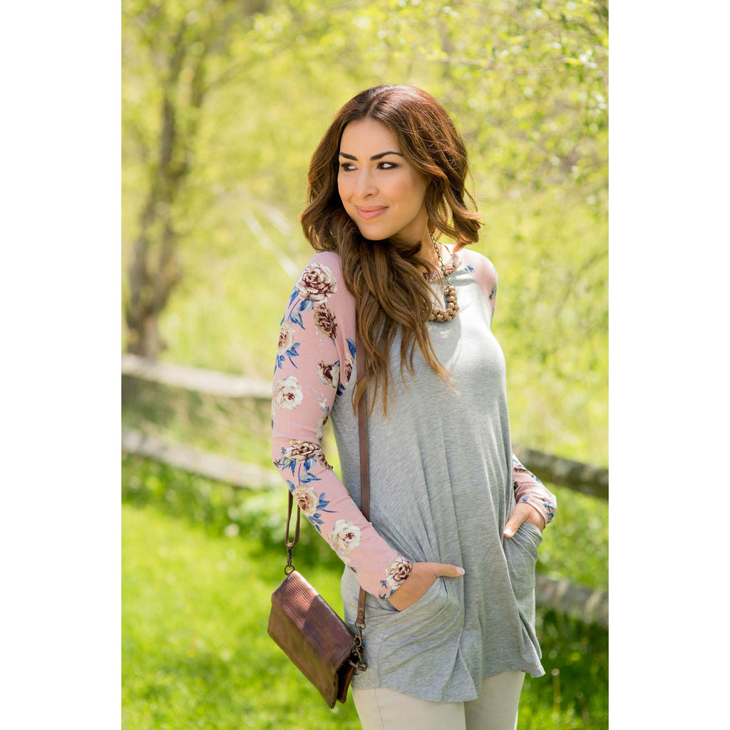 Blush Floral Sleeved Baseball Tunic Tee - Betsey's Boutique Shop