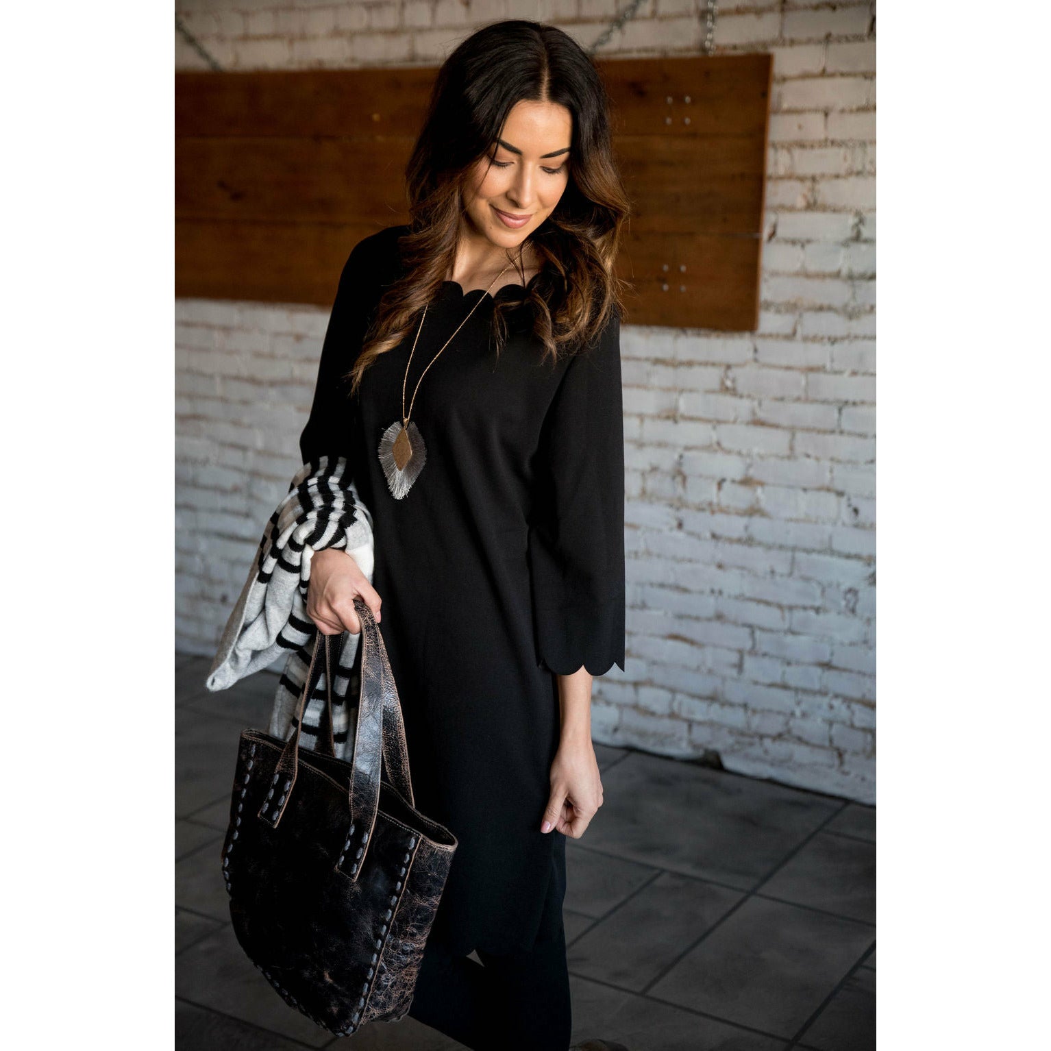 Scalloped 3/4 Sleeve Dress Black / S Scalloped 3/4 Sleeve Dress Black / S