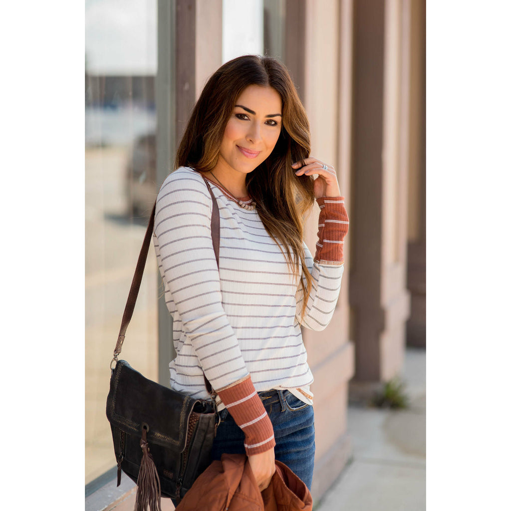 Stylish Striped Thermal Cuffed Tee - Betsey's Boutique Shop