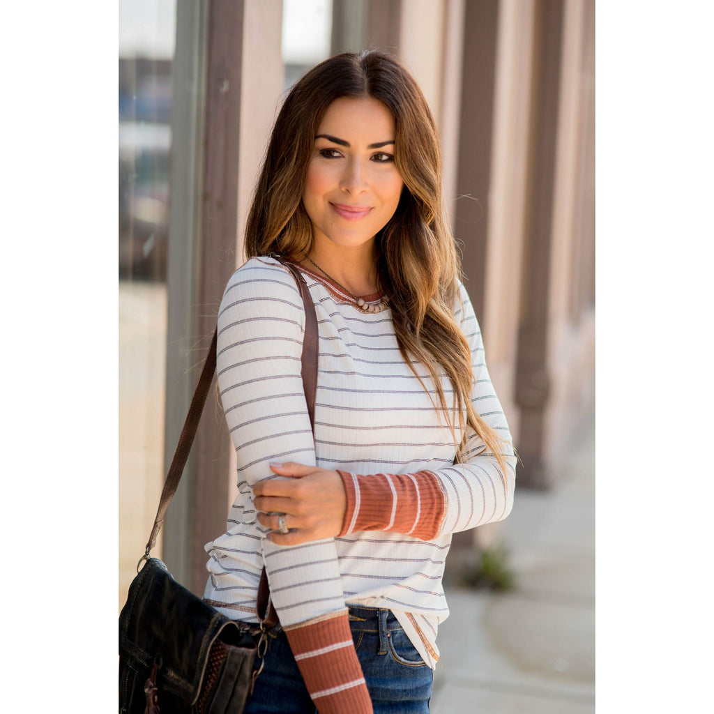 Stylish Striped Thermal Cuffed Tee - Betsey's Boutique Shop