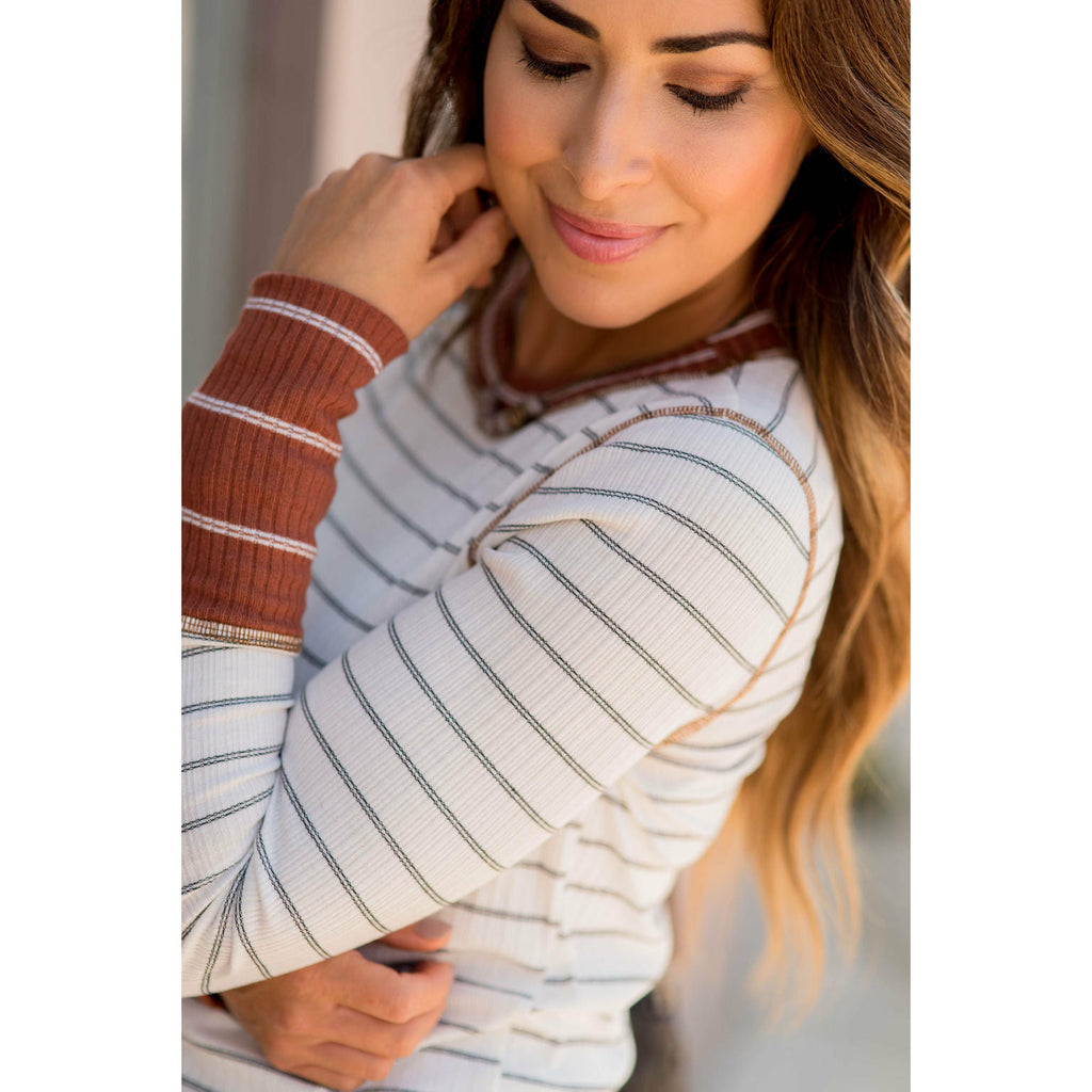 Stylish Striped Thermal Cuffed Tee - Betsey's Boutique Shop