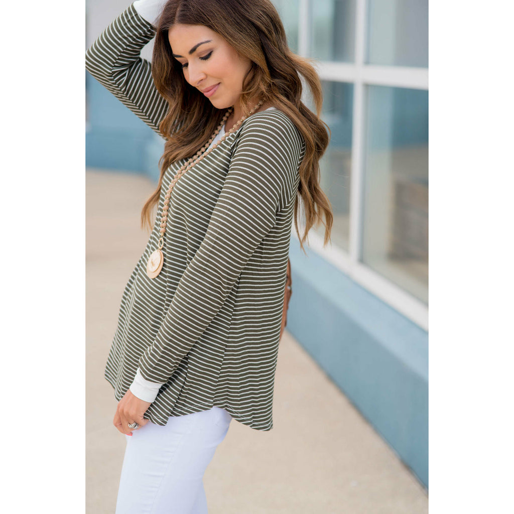 Solid Trim V Striped Long Sleeve Tee - Betsey's Boutique Shop